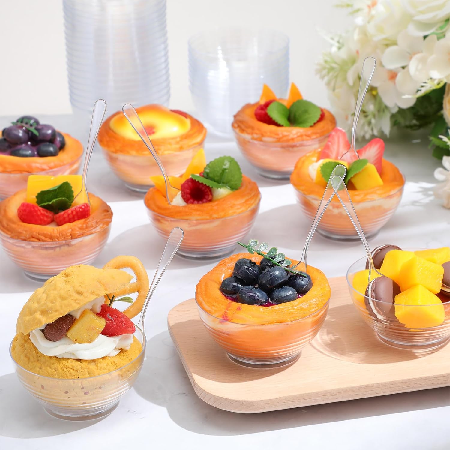 400 Pcs 3 oz Mini Dessert Bowls and Spoons Small Clear Plastic Bowl Hard Serving Cups for Appetizers Mousse Puddings Condiments Snacks Party